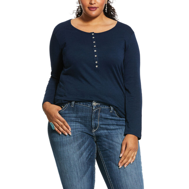 Magliette Donna Ariat REAL Slub Henley Blu Marino | OL2PWH0