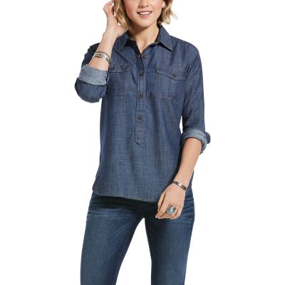 Camicie Donna Ariat Washed Twill Popover Blu Scuro | 04G2G3R