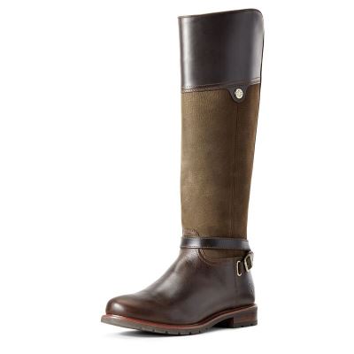 Stivali Lunghi Donna Ariat Carden Impermeabili Boots Cioccolato Verde Oliva | ID69GS9